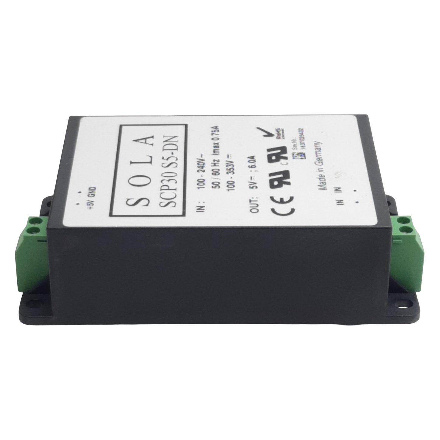 Used Sola SCP30 S5-DN Power Supply, 100-240VAC 100-353VDC In, 6A 5VDC Out, DIN Rail