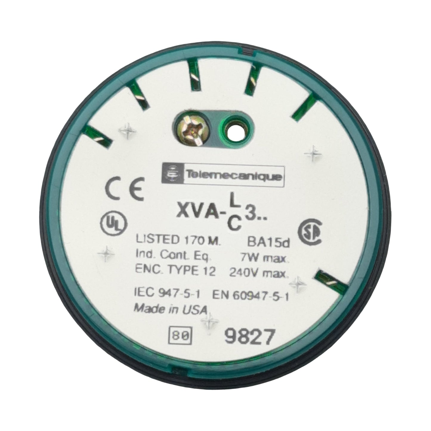 Used Telemecanique XVA-LC3-G Beacon Stack Light Green, 240VAC 7W Max, ø68mm *No Bulb*