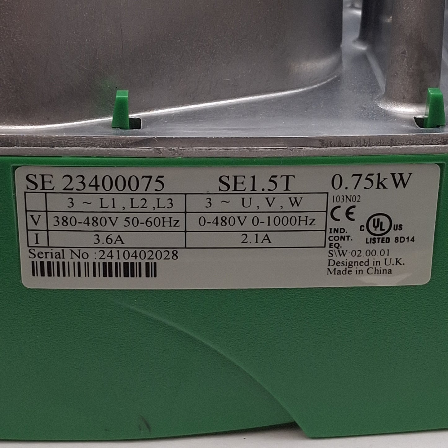 Used Control Techniques SE23400075 Commander SE VFD, 0.75kW, 3Ø 480VAC, 0-1000Hz