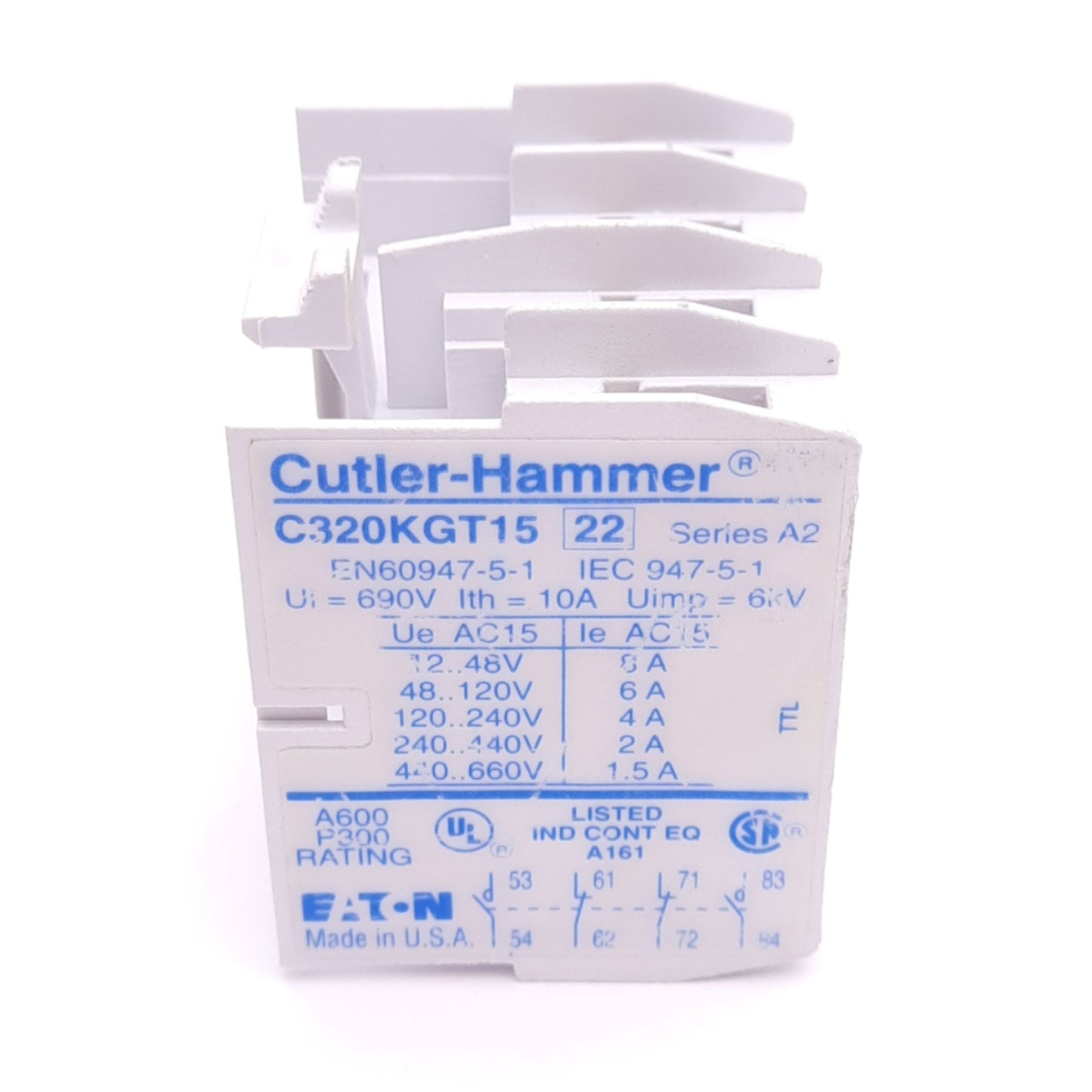 Used Cutler-Hammer C320KGT15 NEMA Auxiliary Contact, 2NO 2NC, 600VAC/DC 10A Max