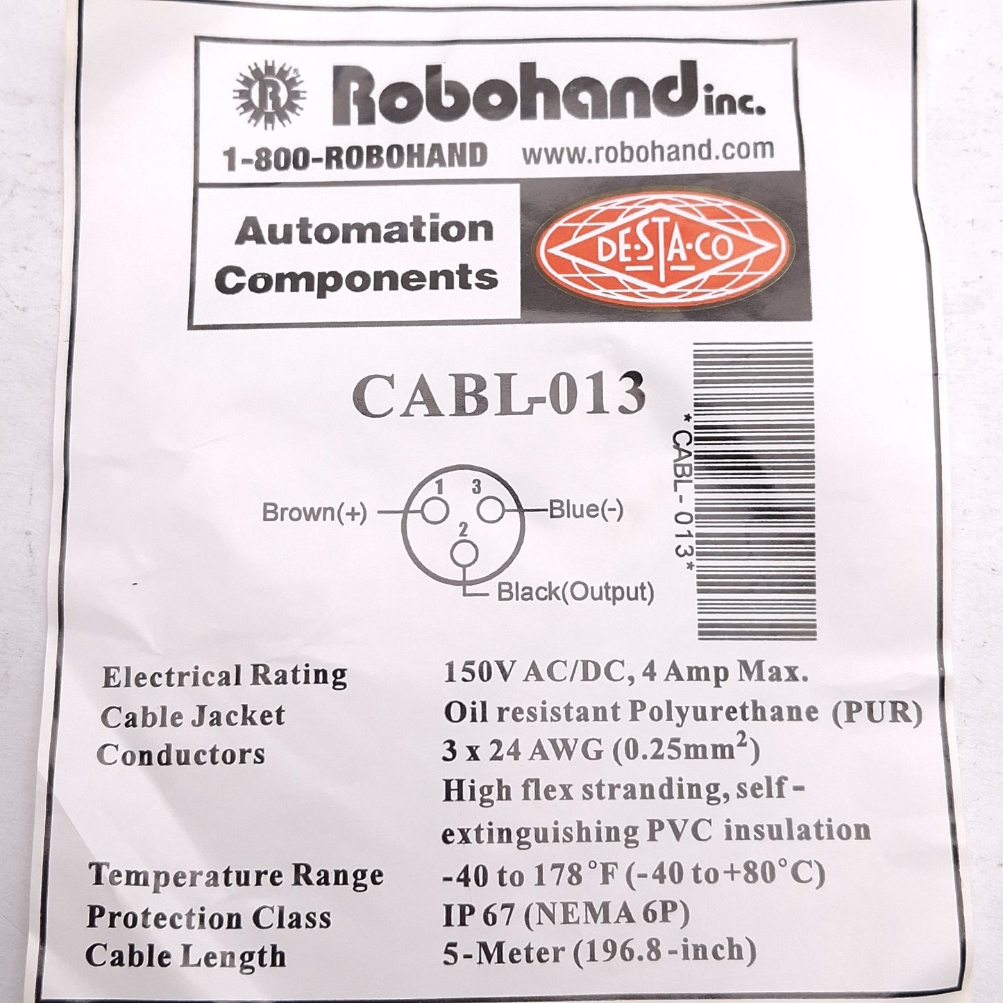 New Destaco Robohand CABL-013 Quick Disconnect Sensor Cable, M8 3-Pin Female, 5m