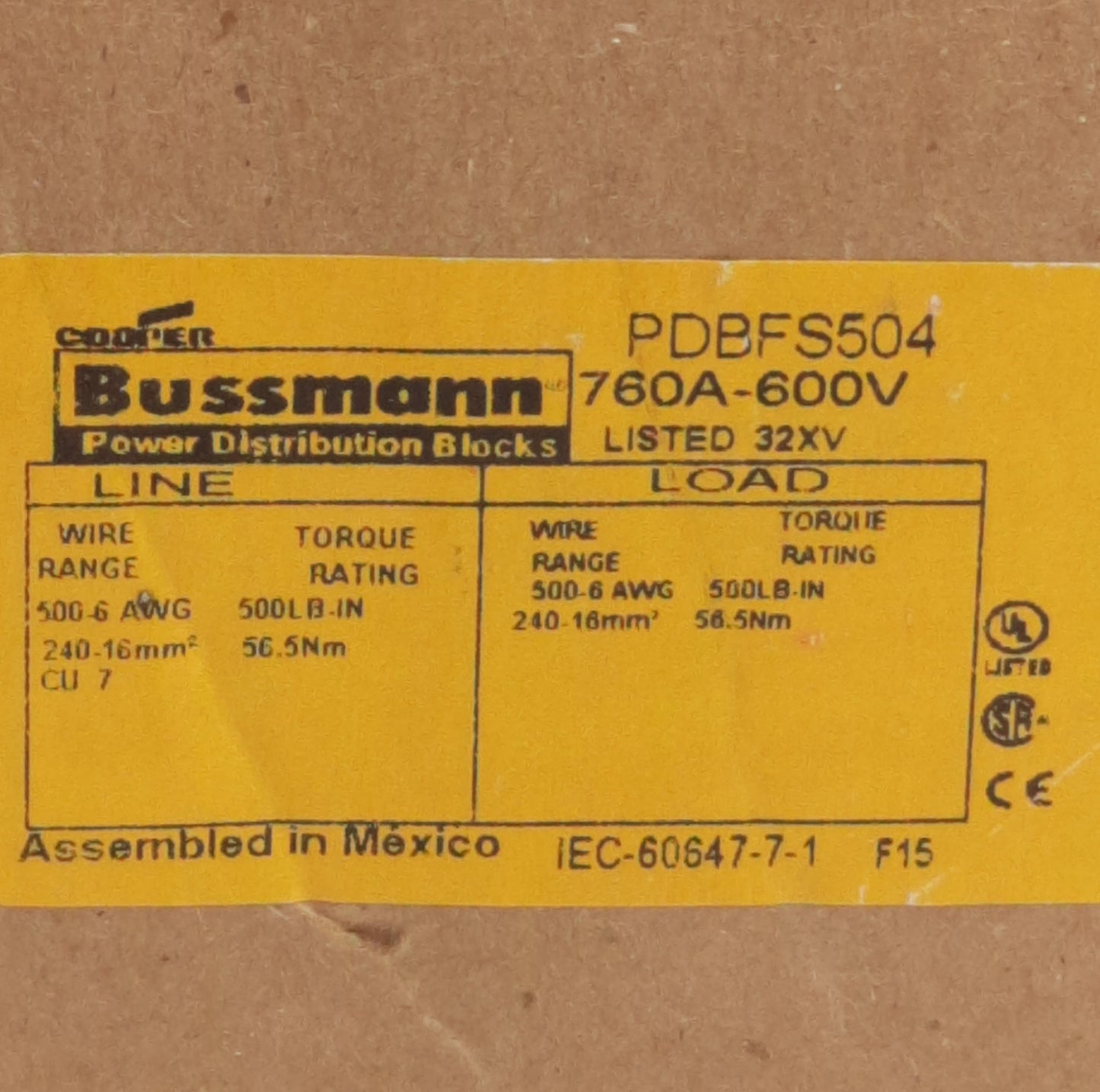 New Cooper Bussman PDBFS504 Power Distribution Block, 2x2 Line/Load, 600V 760A