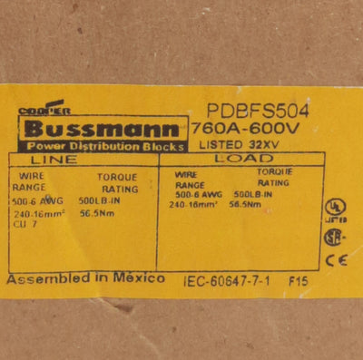 New Cooper Bussman PDBFS504 Power Distribution Block, 2x2 Line/Load, 600V 760A
