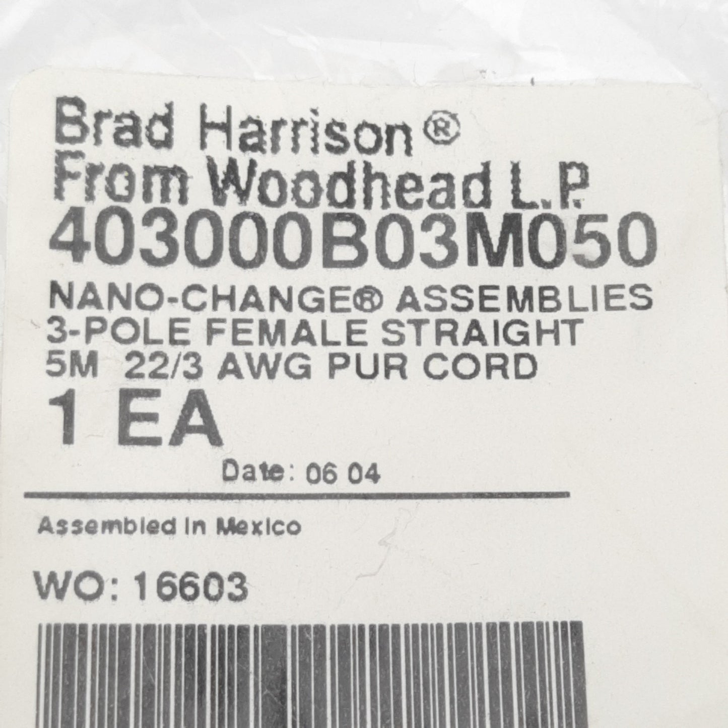 New Brad Harrison 403000B03M050 Cordset, 3-Pin M8 Female to Leads, 60VAC/75VDC, 5m