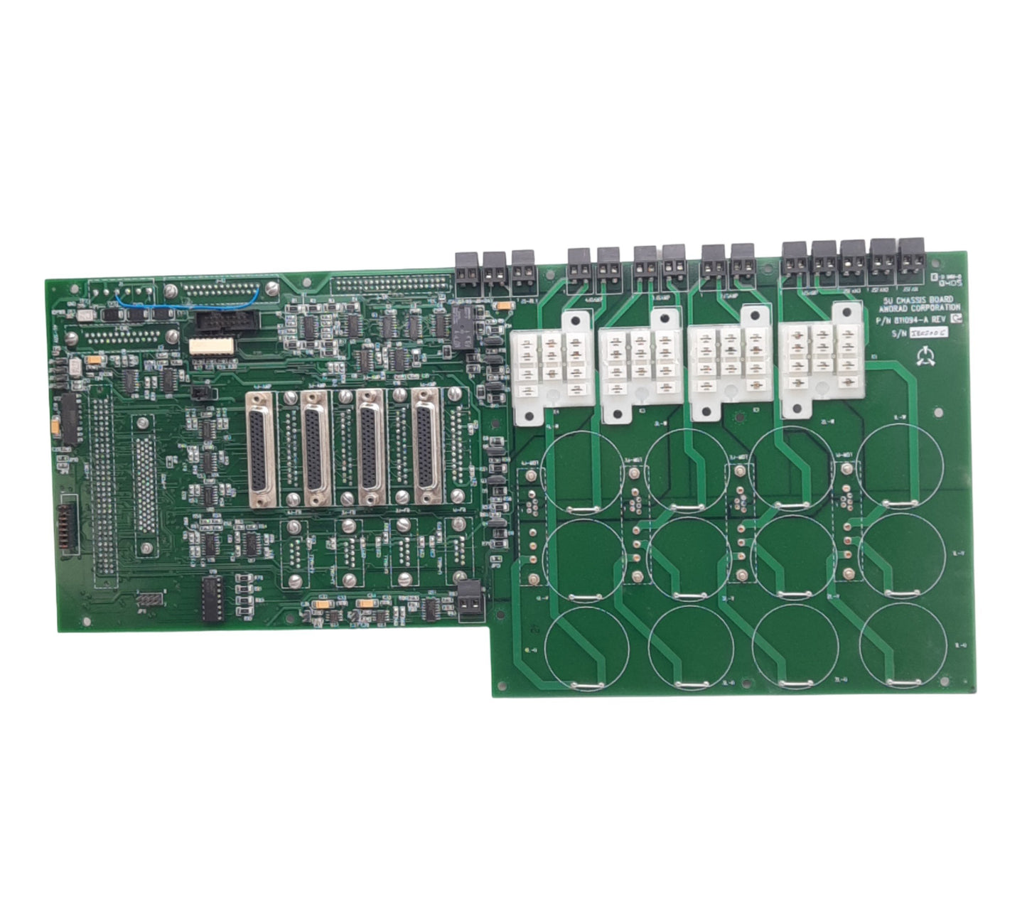 Used Anorad 811094-A Rev G 5U Chassis Board, 4 Relay Sockets, 5VDC Backplane