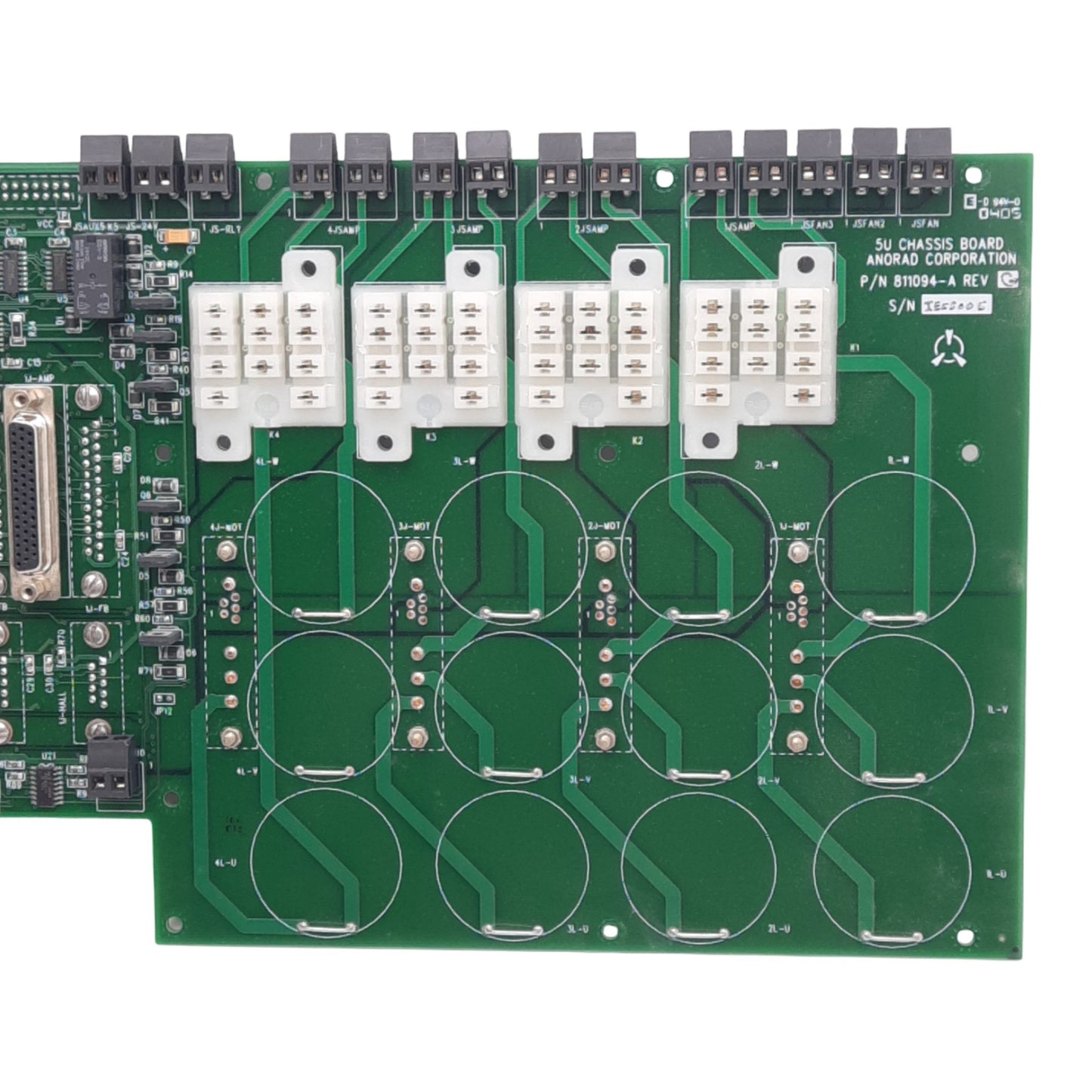 Used Anorad 811094-A Rev G 5U Chassis Board, 4 Relay Sockets, 5VDC Backplane
