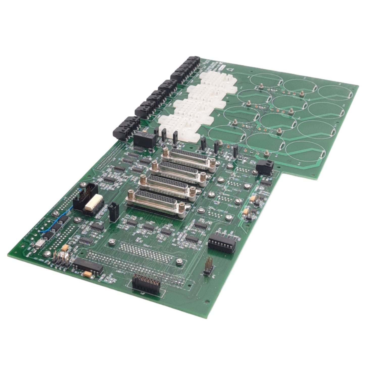 Used Anorad 811094-A Rev G 5U Chassis Board, 4 Relay Sockets, 5VDC Backplane