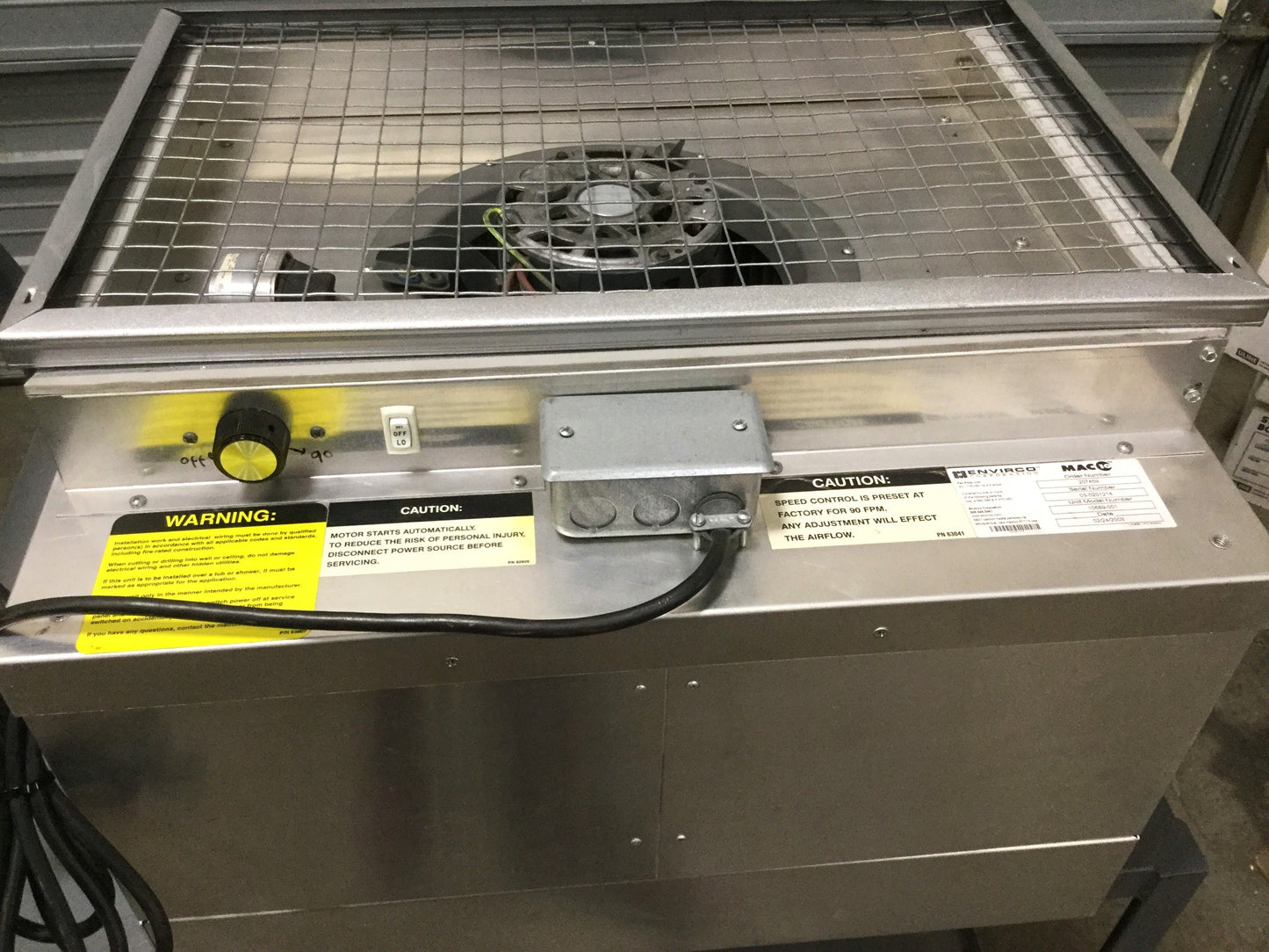 Used Envirco MAC 10 HEPA Filter Fan Unit Clean Room Air Hood 2' x 2', 115VAC, 410CFM