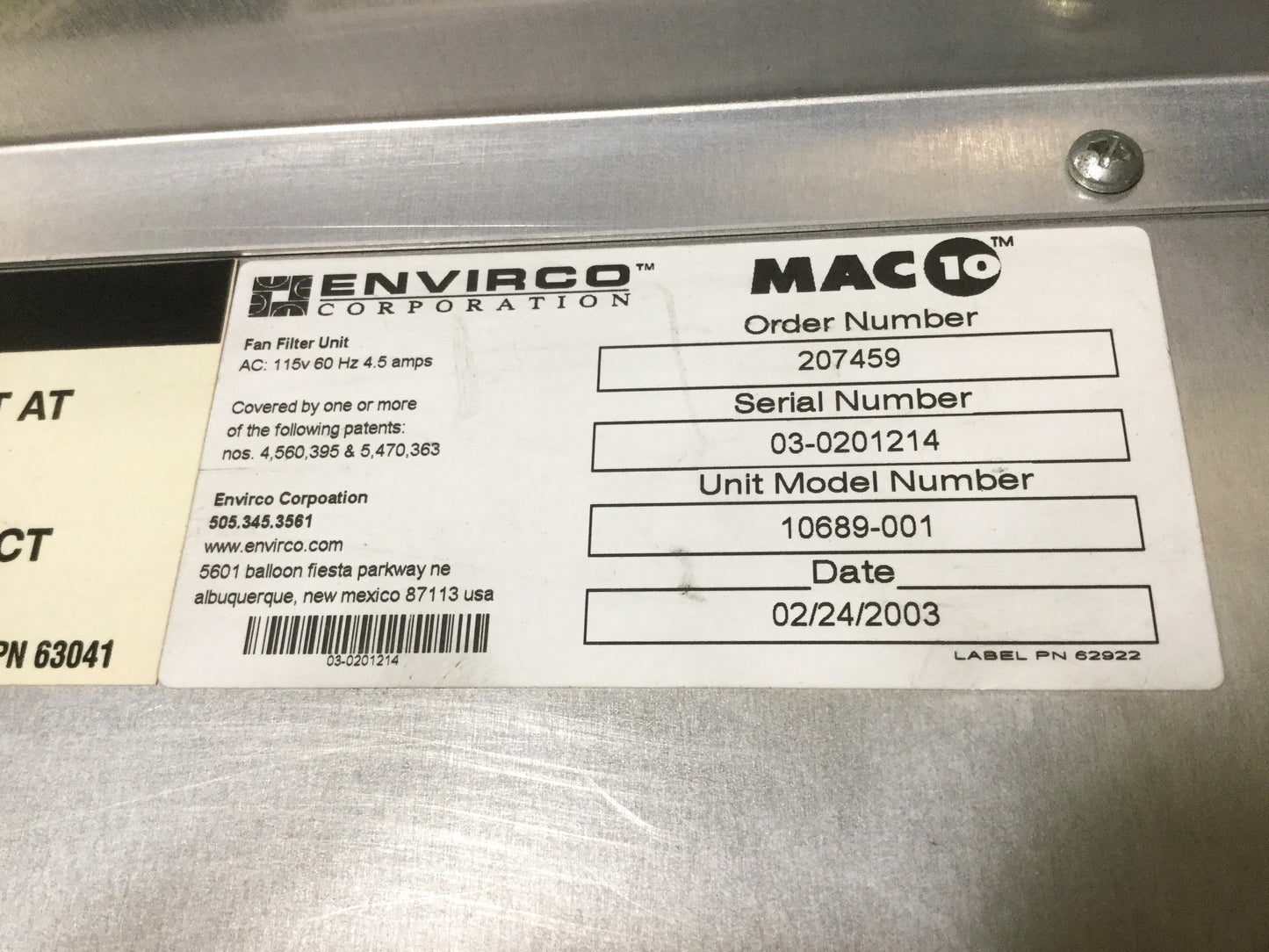 Used Envirco MAC 10 HEPA Filter Fan Unit Clean Room Air Hood 2' x 2', 115VAC, 410CFM