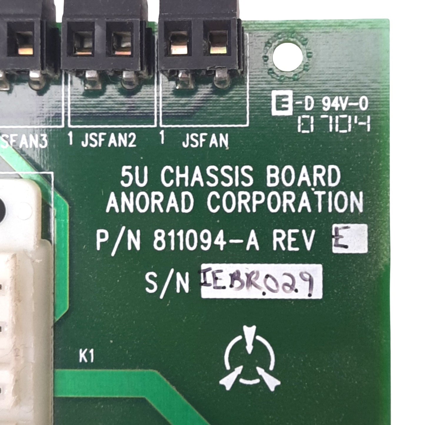 Used Anorad 811094-A Rev E 5U Chassis Board, 4 Relay Sockets, 5VDC Backplane