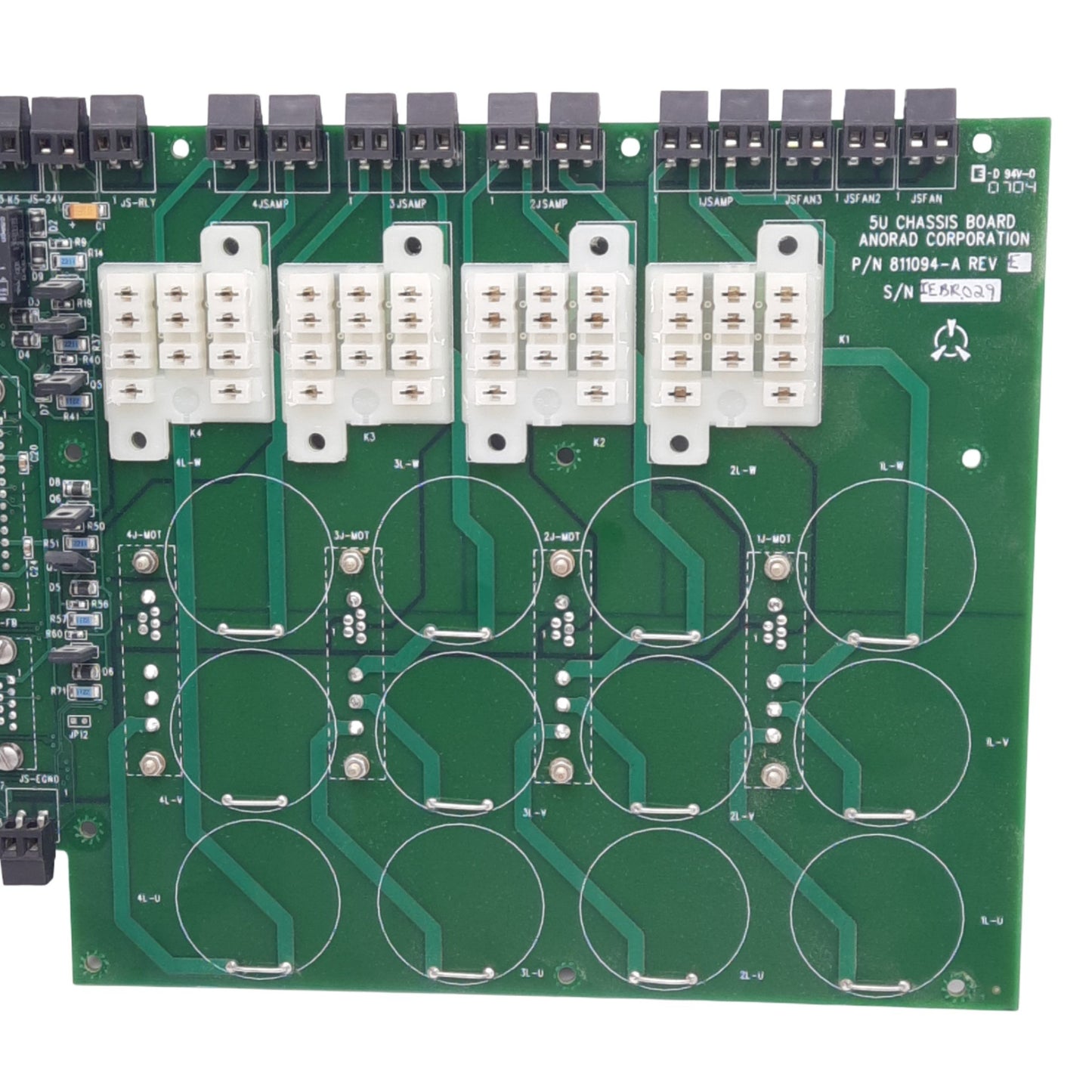 Used Anorad 811094-A Rev E 5U Chassis Board, 4 Relay Sockets, 5VDC Backplane