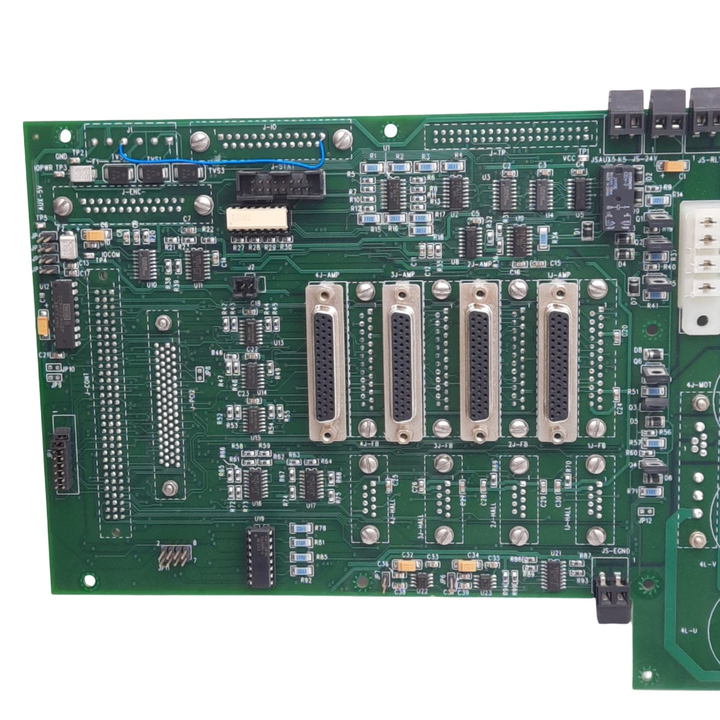 Used Anorad 811094-A Rev E 5U Chassis Board, 4 Relay Sockets, 5VDC Backplane