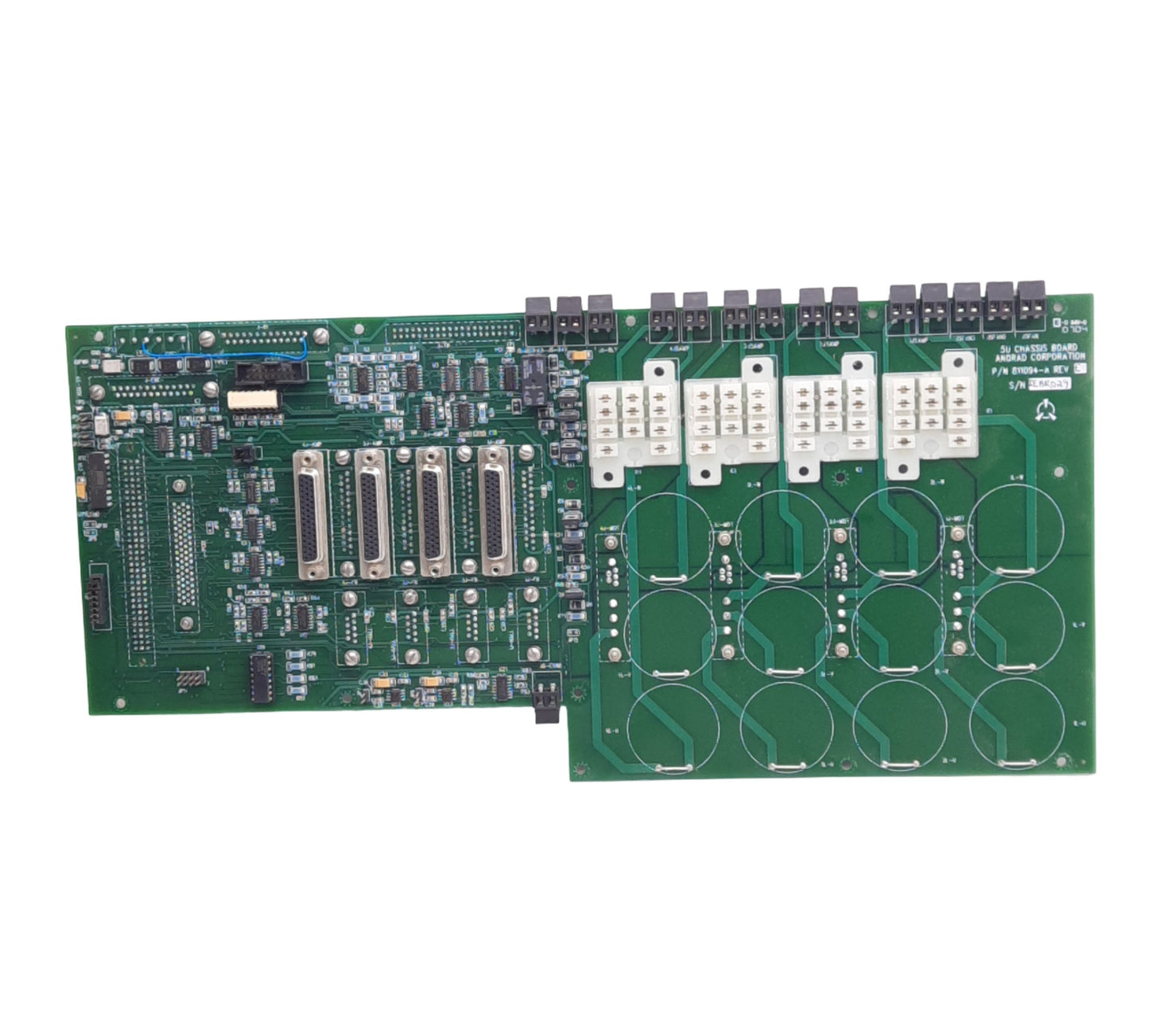 Used Anorad 811094-A Rev E 5U Chassis Board, 4 Relay Sockets, 5VDC Backplane