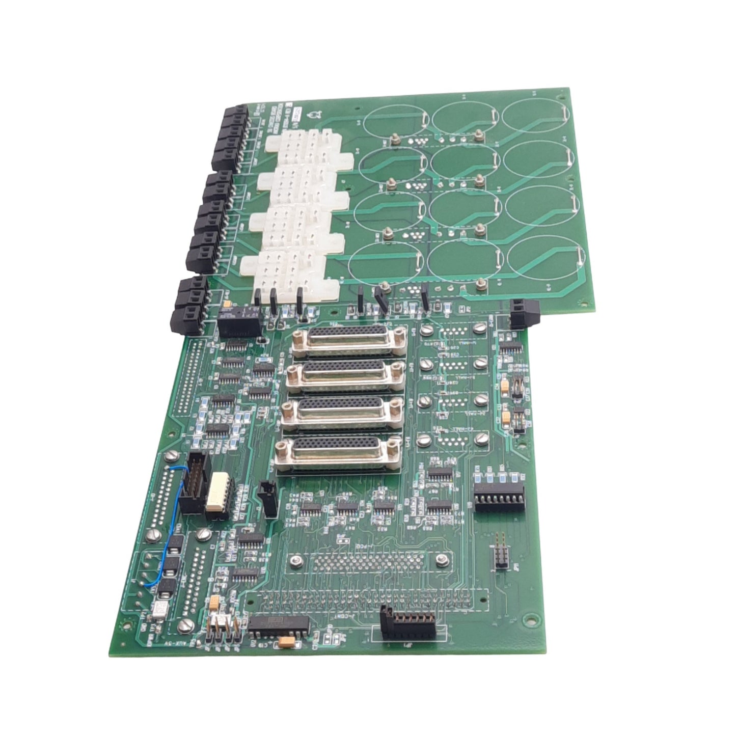 Used Anorad 811094-A Rev E 5U Chassis Board, 4 Relay Sockets, 5VDC Backplane