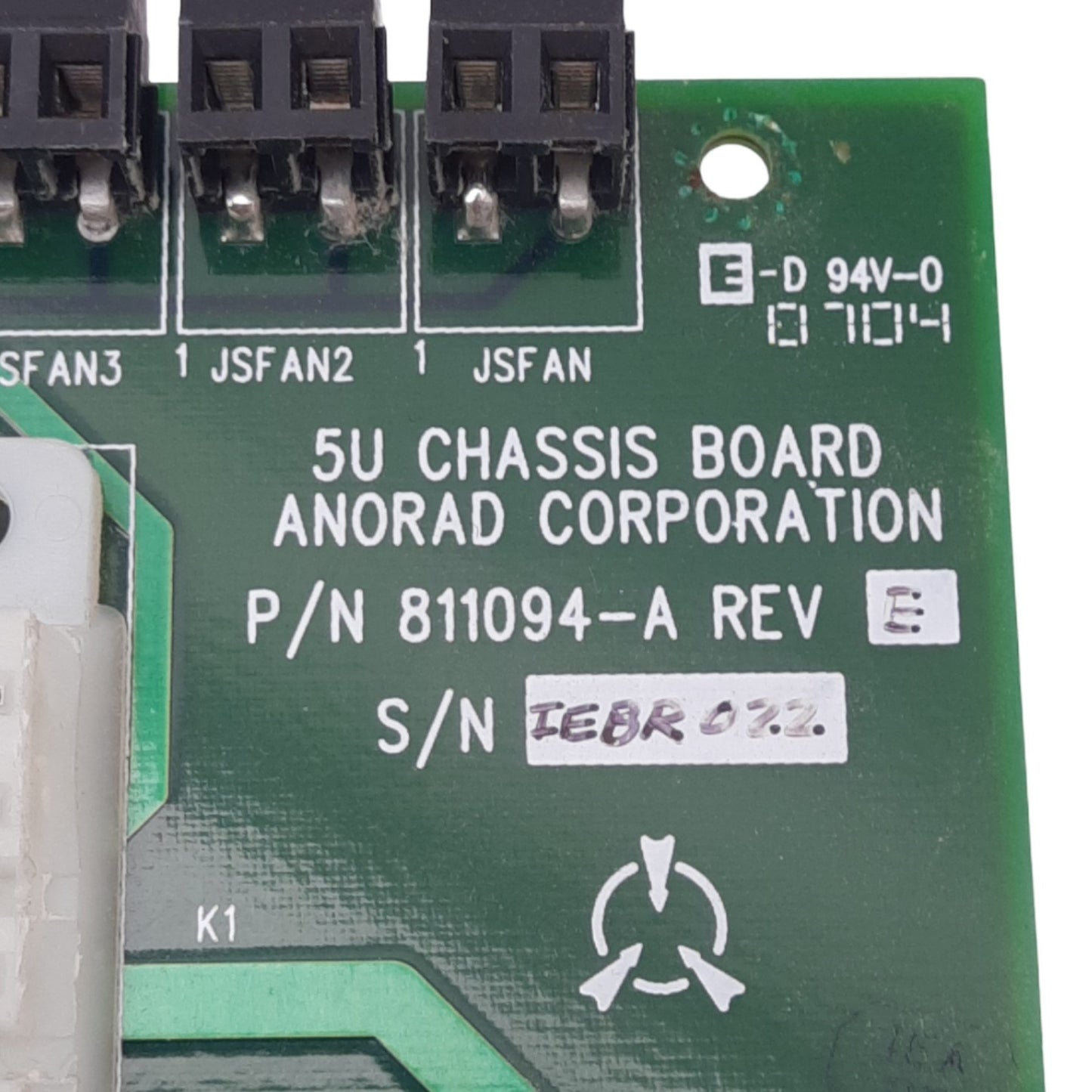 Used Anorad 811094-A Rev E 5U Chassis Board w/ Inductors, 4 Relay Sockets, 5VDC