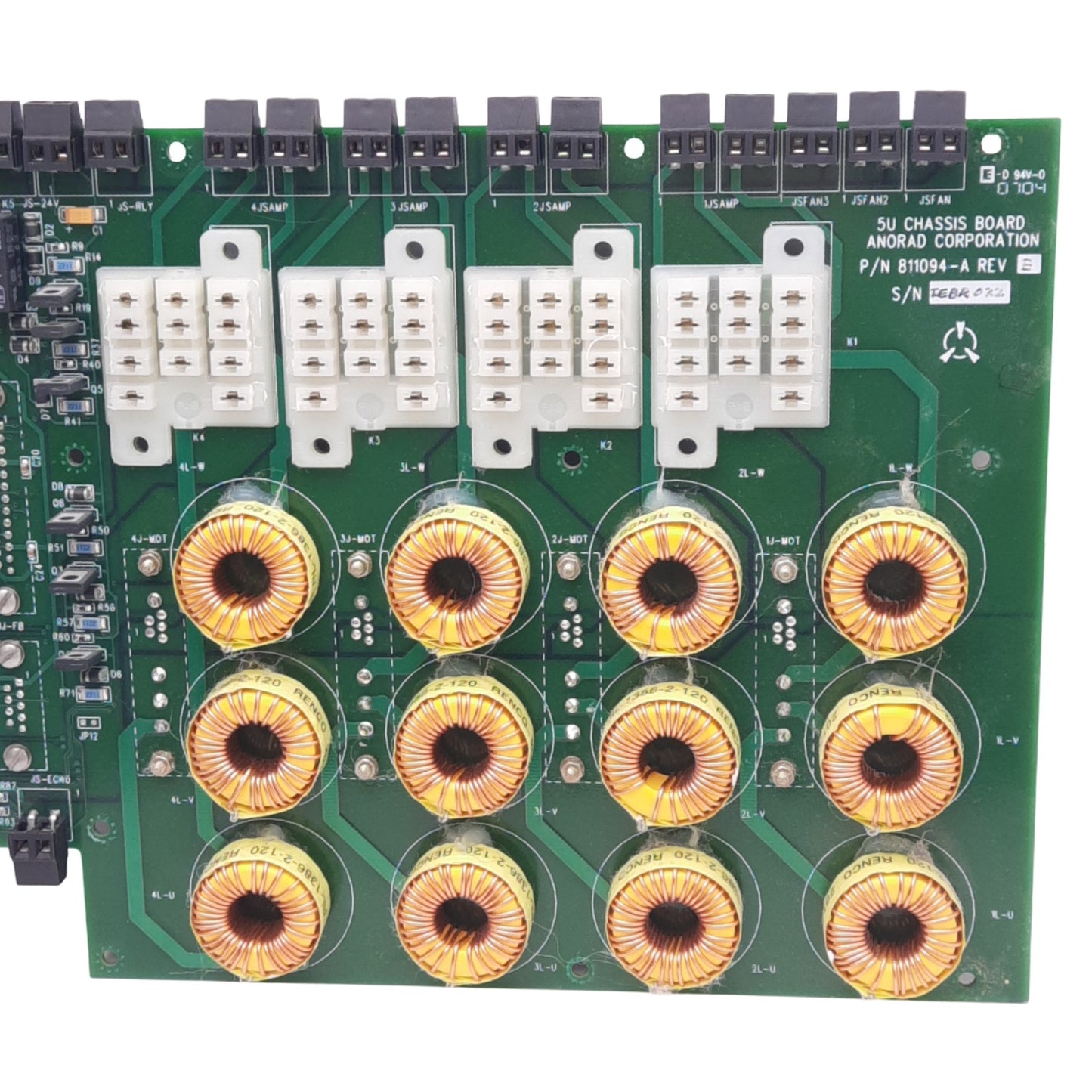 Used Anorad 811094-A Rev E 5U Chassis Board w/ Inductors, 4 Relay Sockets, 5VDC