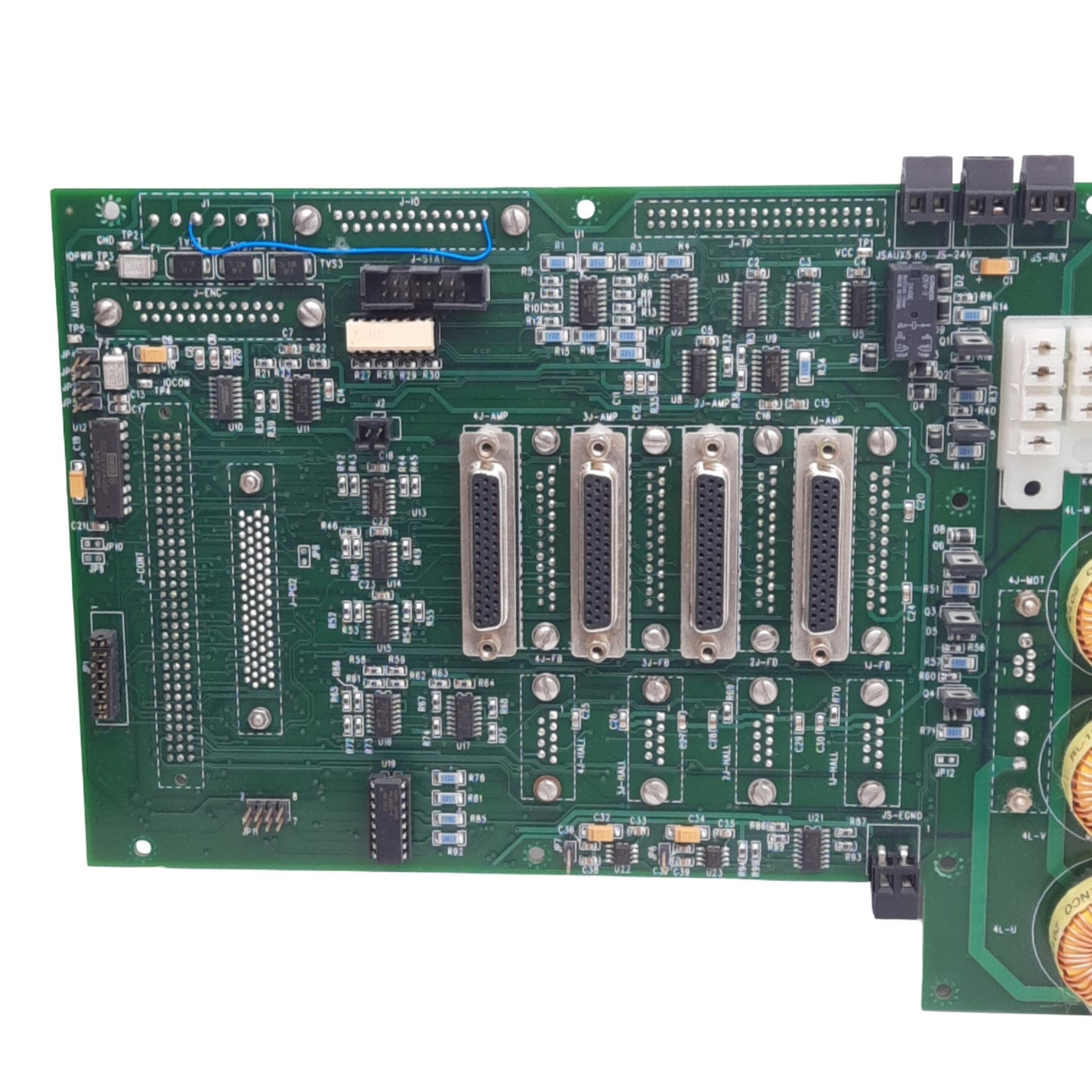 Used Anorad 811094-A Rev E 5U Chassis Board w/ Inductors, 4 Relay Sockets, 5VDC