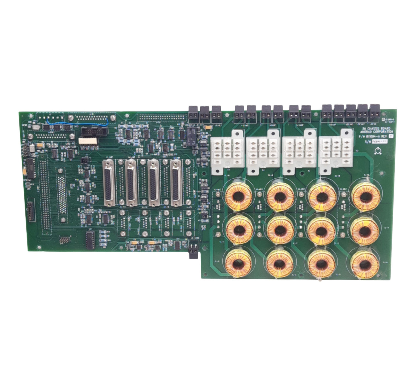 Used Anorad 811094-A Rev E 5U Chassis Board w/ Inductors, 4 Relay Sockets, 5VDC