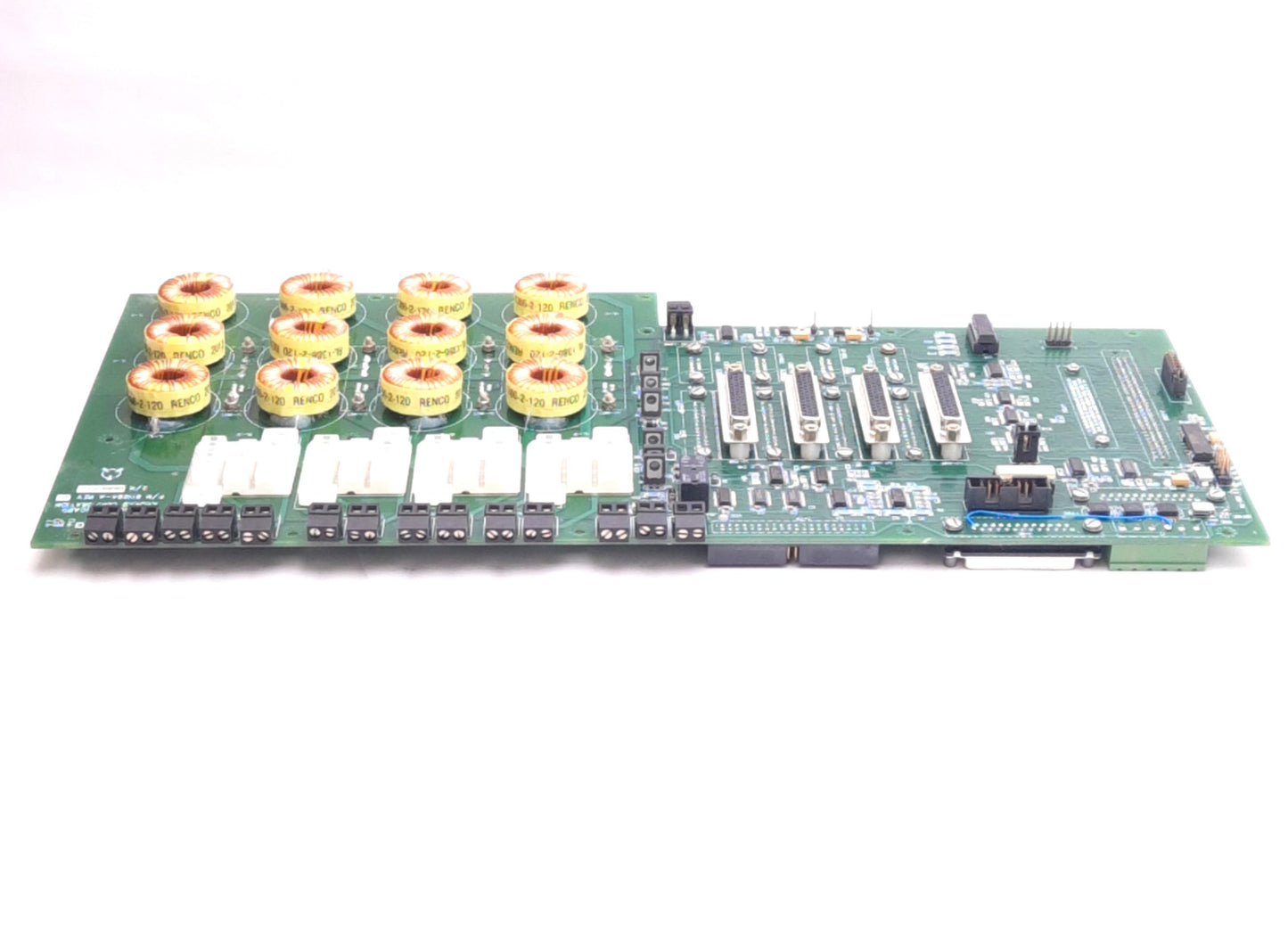 Used Anorad 811094-A Rev E 5U Chassis Board w/ Inductors, 4 Relay Sockets, 5VDC