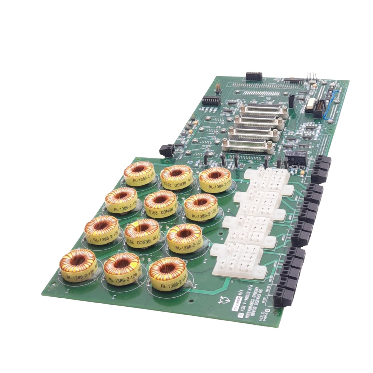Used Anorad 811094-A Rev E 5U Chassis Board w/ Inductors, 4 Relay Sockets, 5VDC