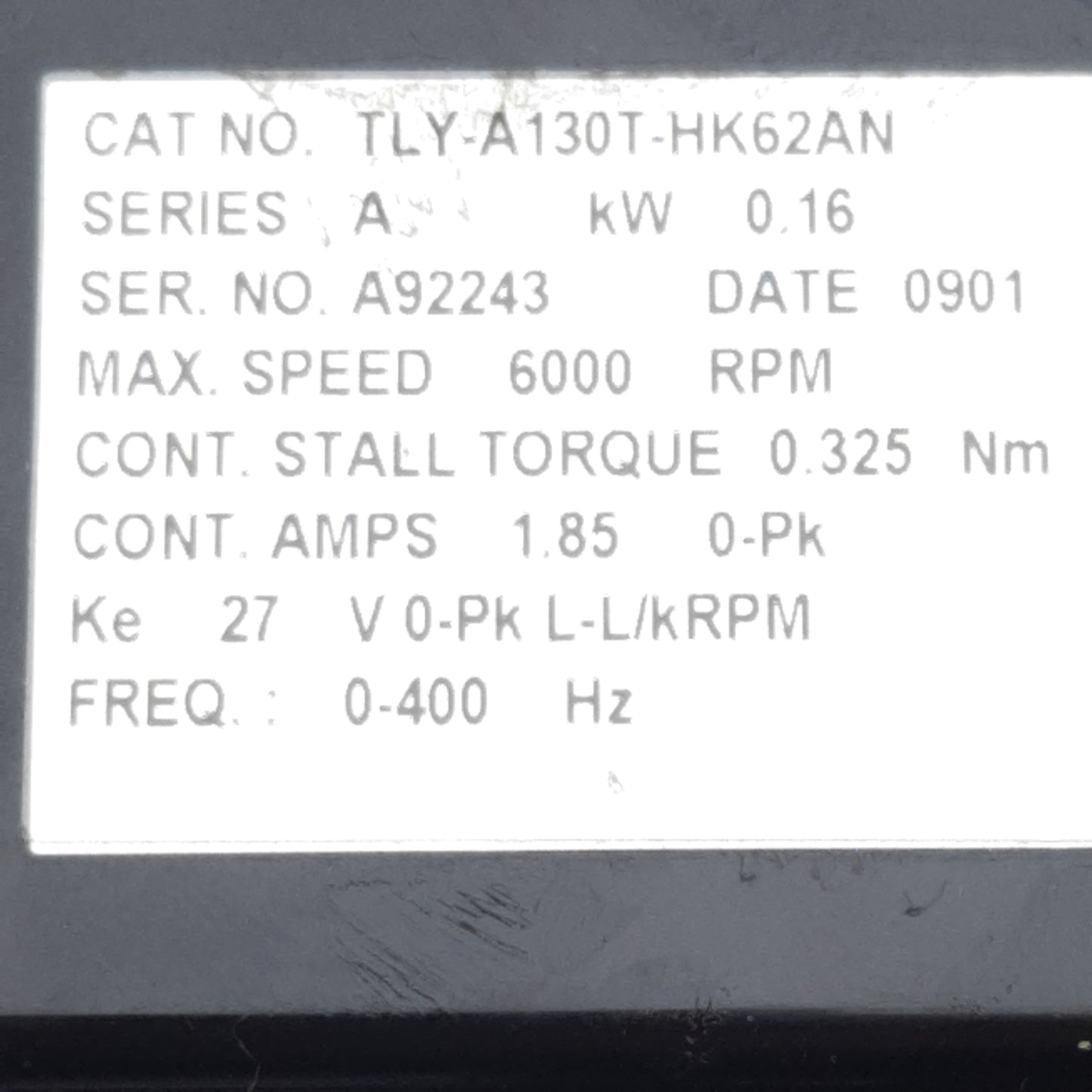 Used Allen Bradley TLY-A130T-HK62AN Servo Motor, 0.16kW, 0.325Nm, 6000RPM, NEMA 17