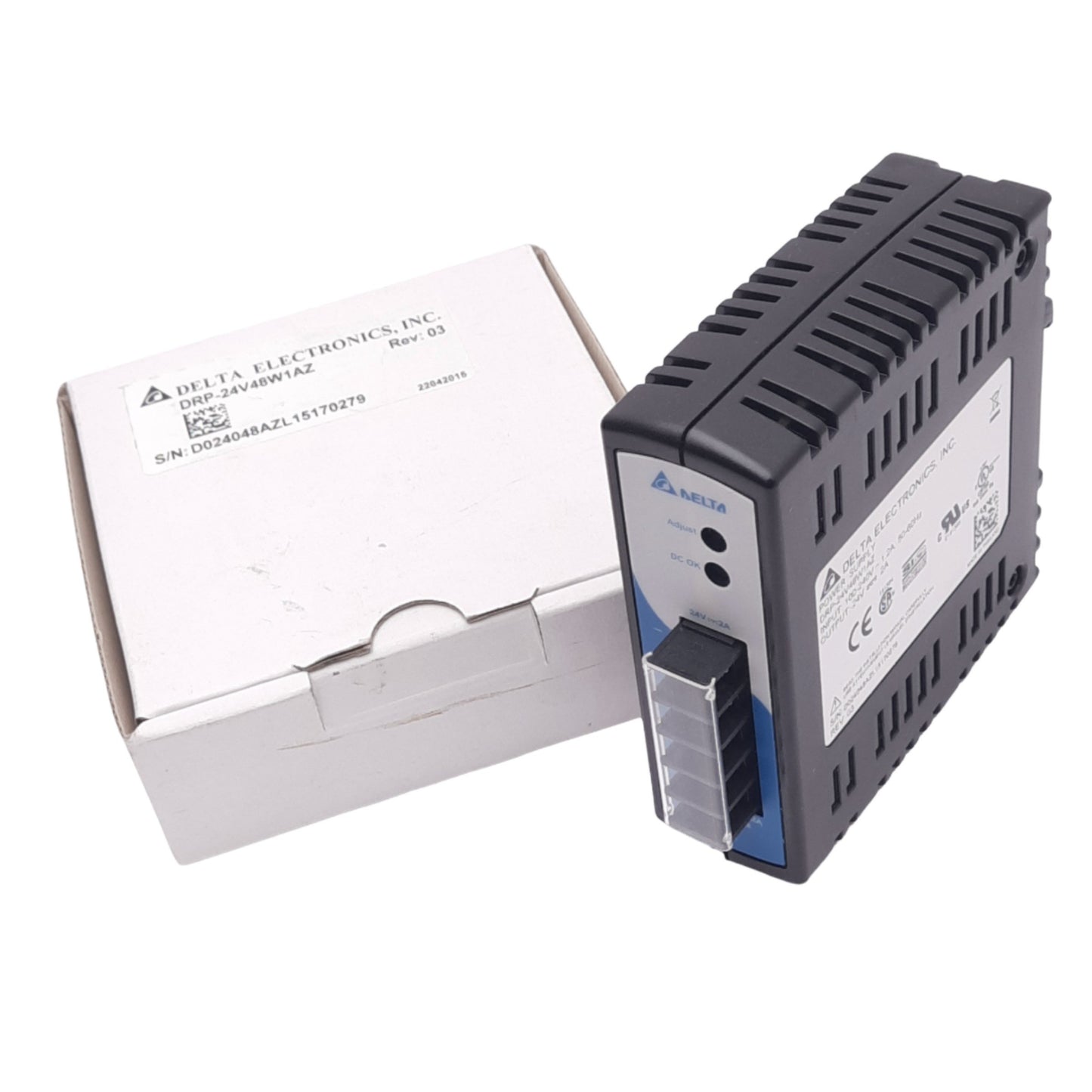 New Delta Electronics DRP-24V48W1AZ Power Supply, 100-240VAC In, 24VDC 2A Out, 48W
