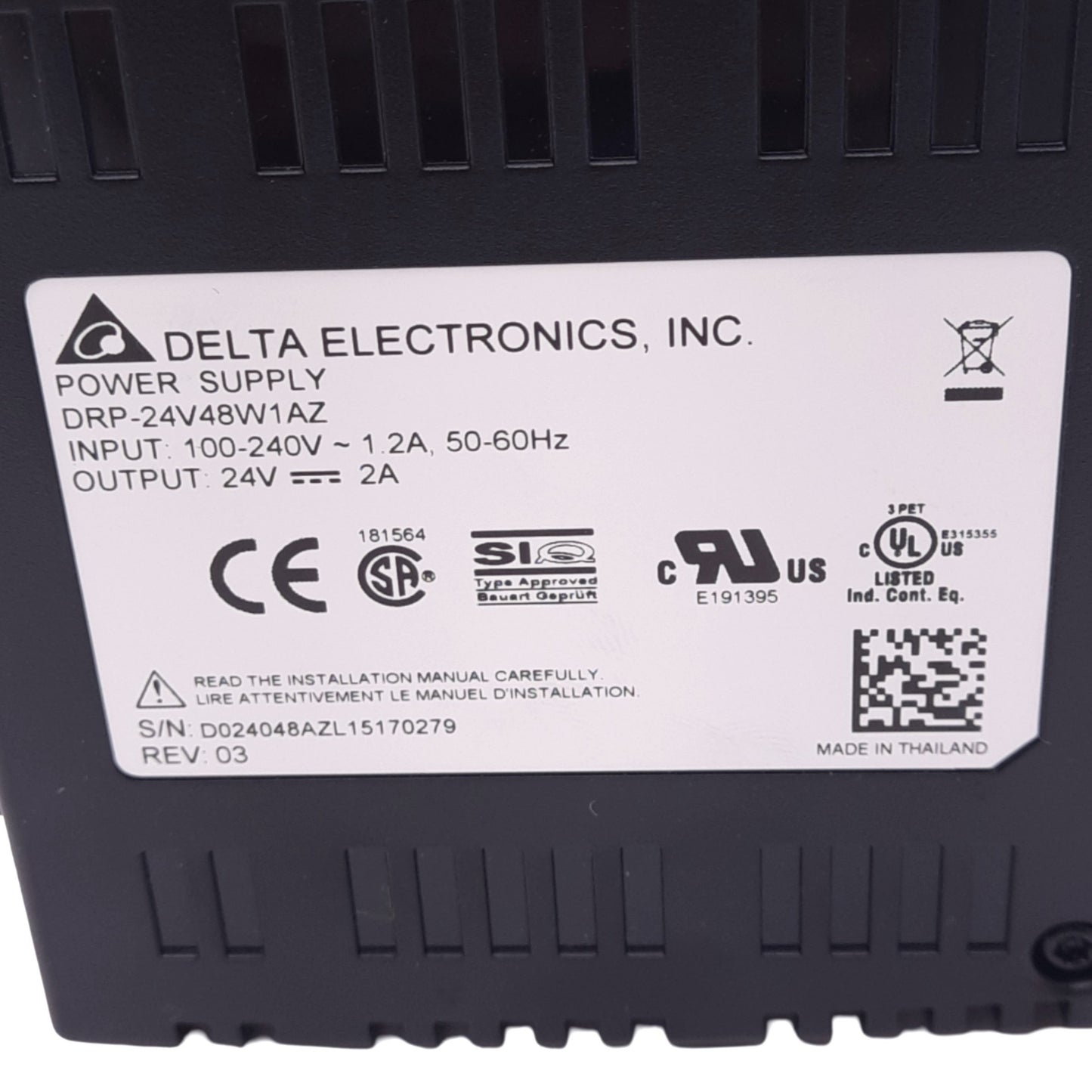 New Delta Electronics DRP-24V48W1AZ Power Supply, 100-240VAC In, 24VDC 2A Out, 48W