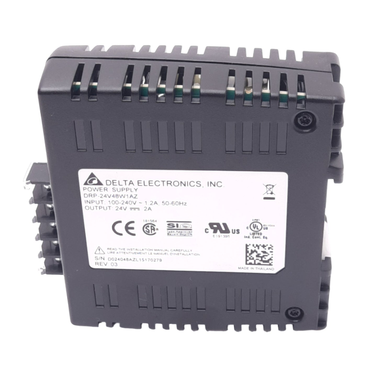 New Delta Electronics DRP-24V48W1AZ Power Supply, 100-240VAC In, 24VDC 2A Out, 48W
