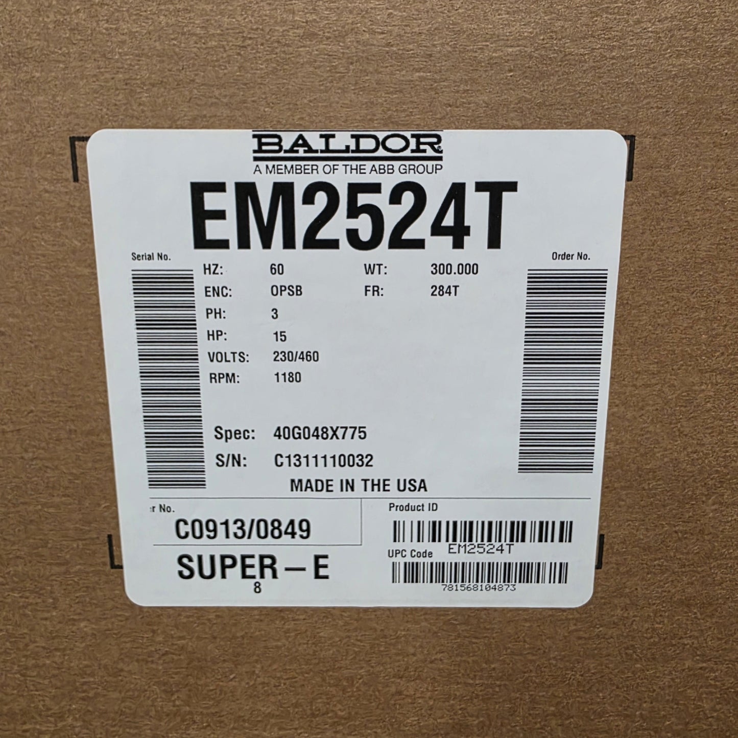 New Baldor EM2524T AC Motor 15HP, 1200RPM, 284T, 208-230/460VAC 3-Ph 42/20.5A