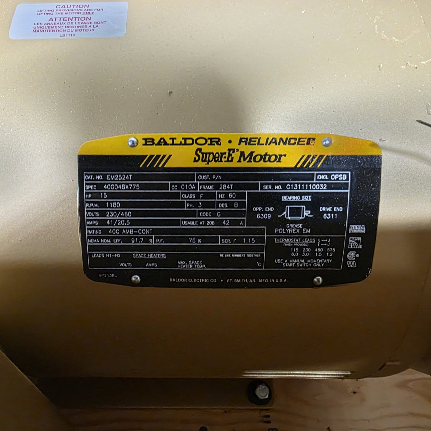 New Baldor EM2524T AC Motor 15HP, 1200RPM, 284T, 208-230/460VAC 3-Ph 42/20.5A