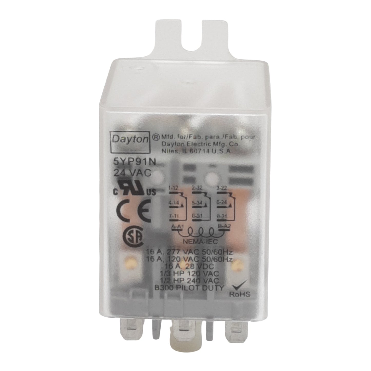 New Dayton 5YP91N Ice Cube Relay, 3PDT, 16A 120/277VAC 28VDC, 24VAC Coil, 11-Pin