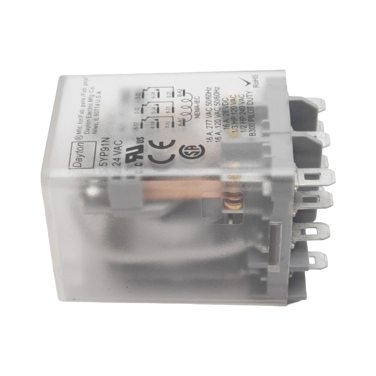 New Dayton 5YP91N Ice Cube Relay, 3PDT, 16A 120/277VAC 28VDC, 24VAC Coil, 11-Pin