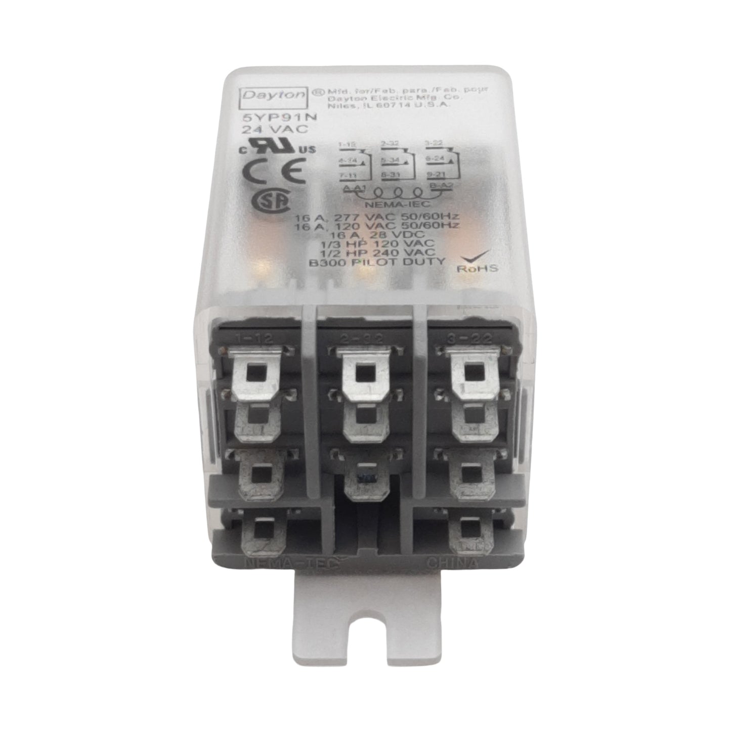 New Dayton 5YP91N Ice Cube Relay, 3PDT, 16A 120/277VAC 28VDC, 24VAC Coil, 11-Pin