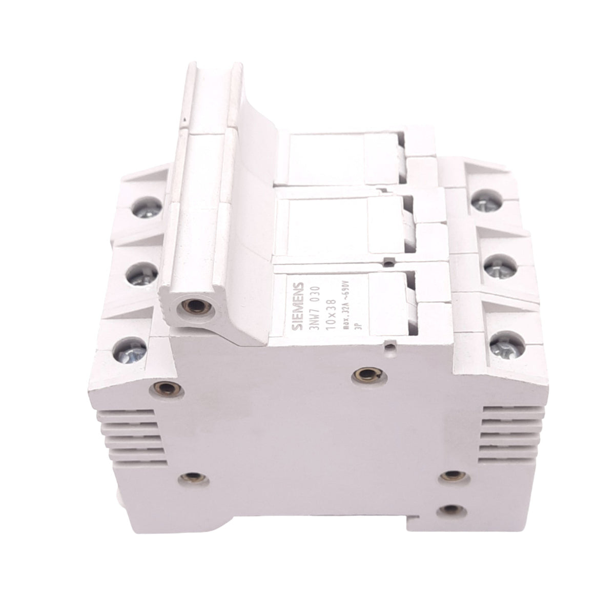 Used Siemens 3NW7 030 Fuse Holder, 3-Pole, 10x38, 690VAC 32A Max, DIN Rail, *Chipped