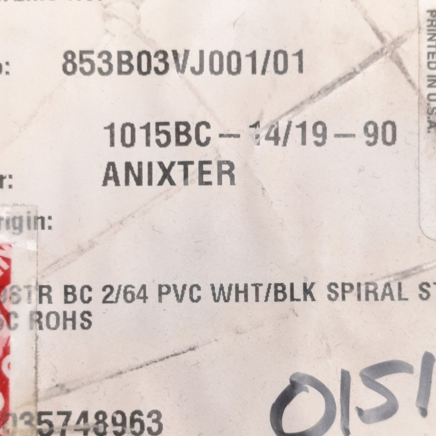 Used Anixter 1015BC-14/19-90 Hook-Up Wire 14AWG, 600V, ø0129in, 498ft Length