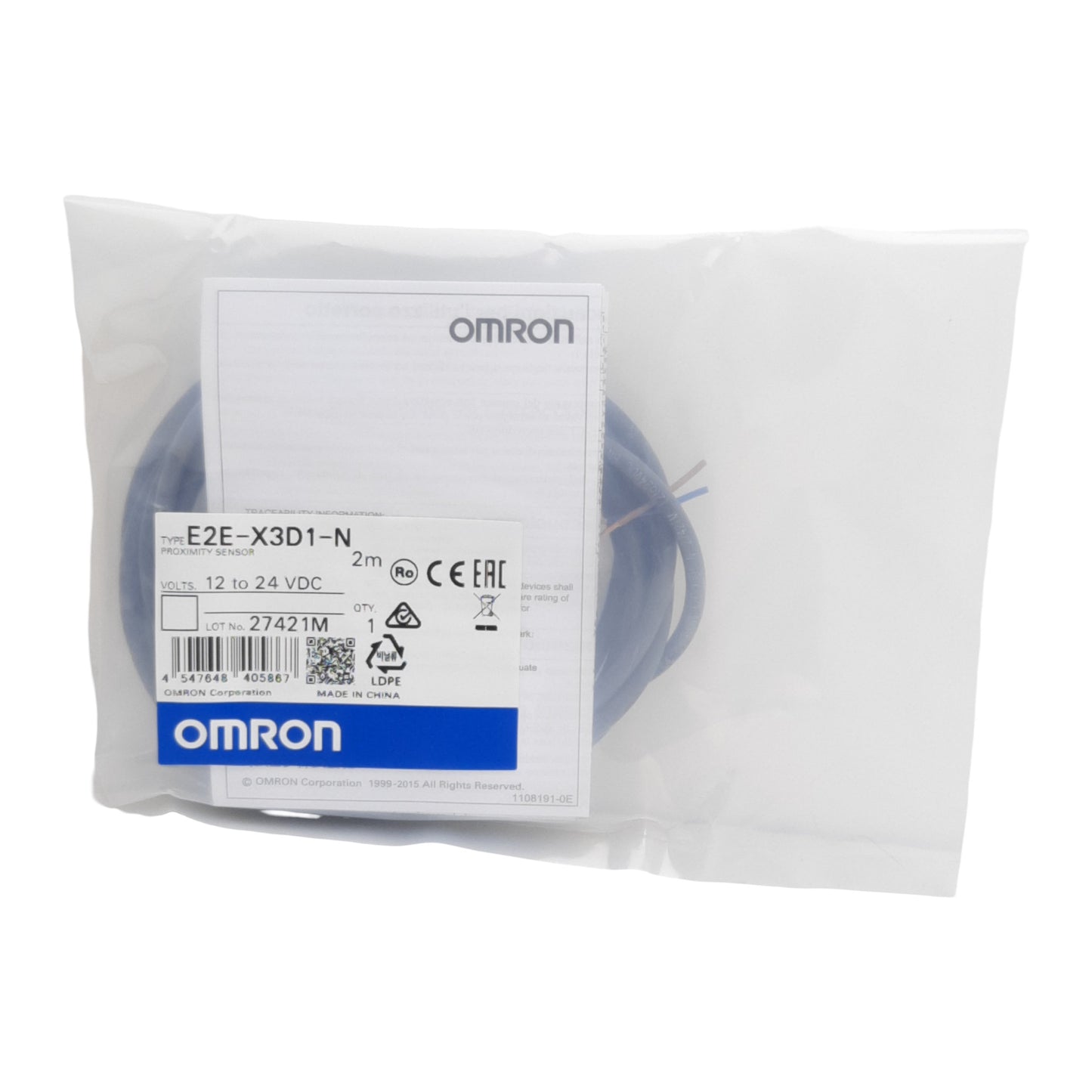 New Omron E2E-X3D1-N Proximity Sensor, NO, 3mm Range, 12-24VDC 50mA, M12, 2m