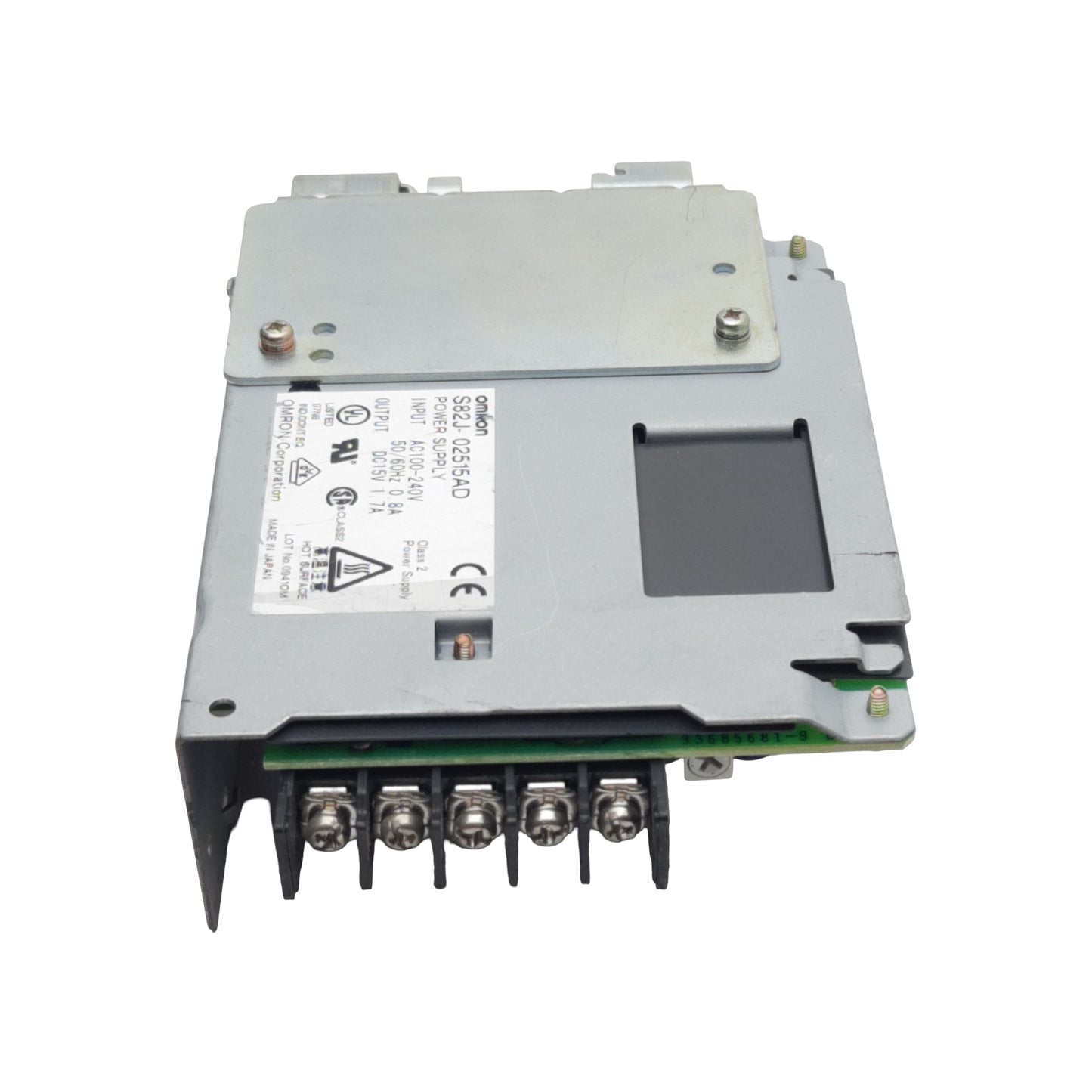 Used Omron S82J-02515AD Power Supply, 100-240VAC In, 1.7A 15VDC Out, 25W, DIN Rail