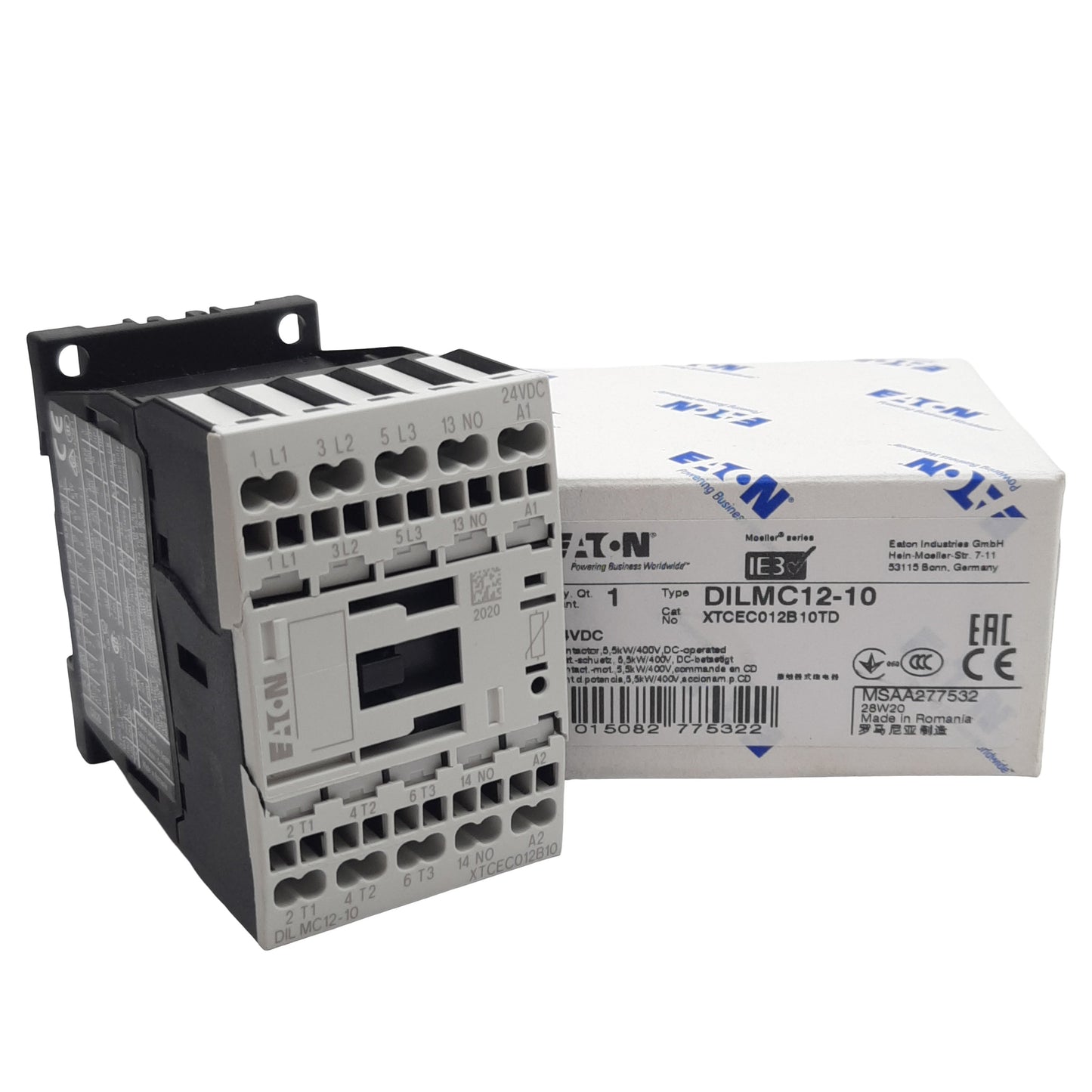 New – Open box Eaton XTCEC012B10TD Conatctor 3-Pole 1NO 20A 600VAC, 24VDC Coil *Cracked Casing*