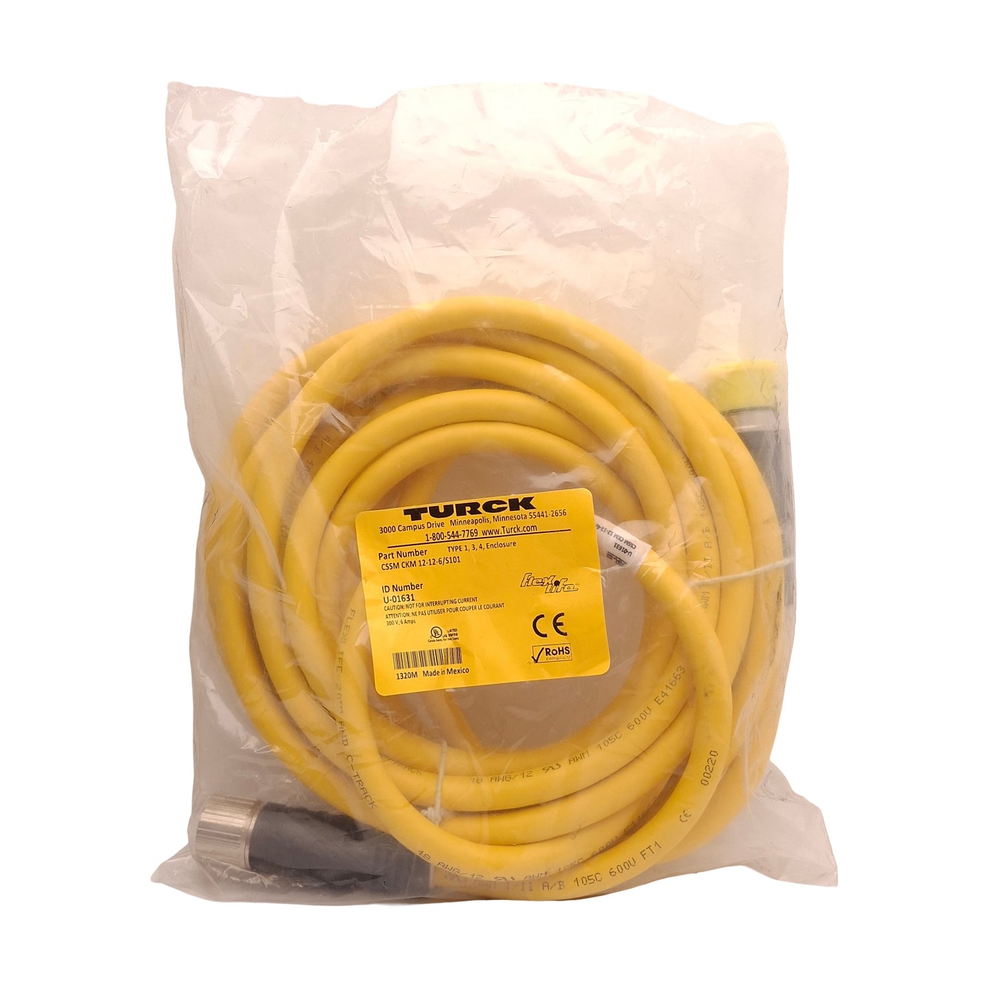New Turck CSSM CKM 12-12-6/S101 Cordset, 12-Pin M23 Male to Female, 300VAC 6A, 6m