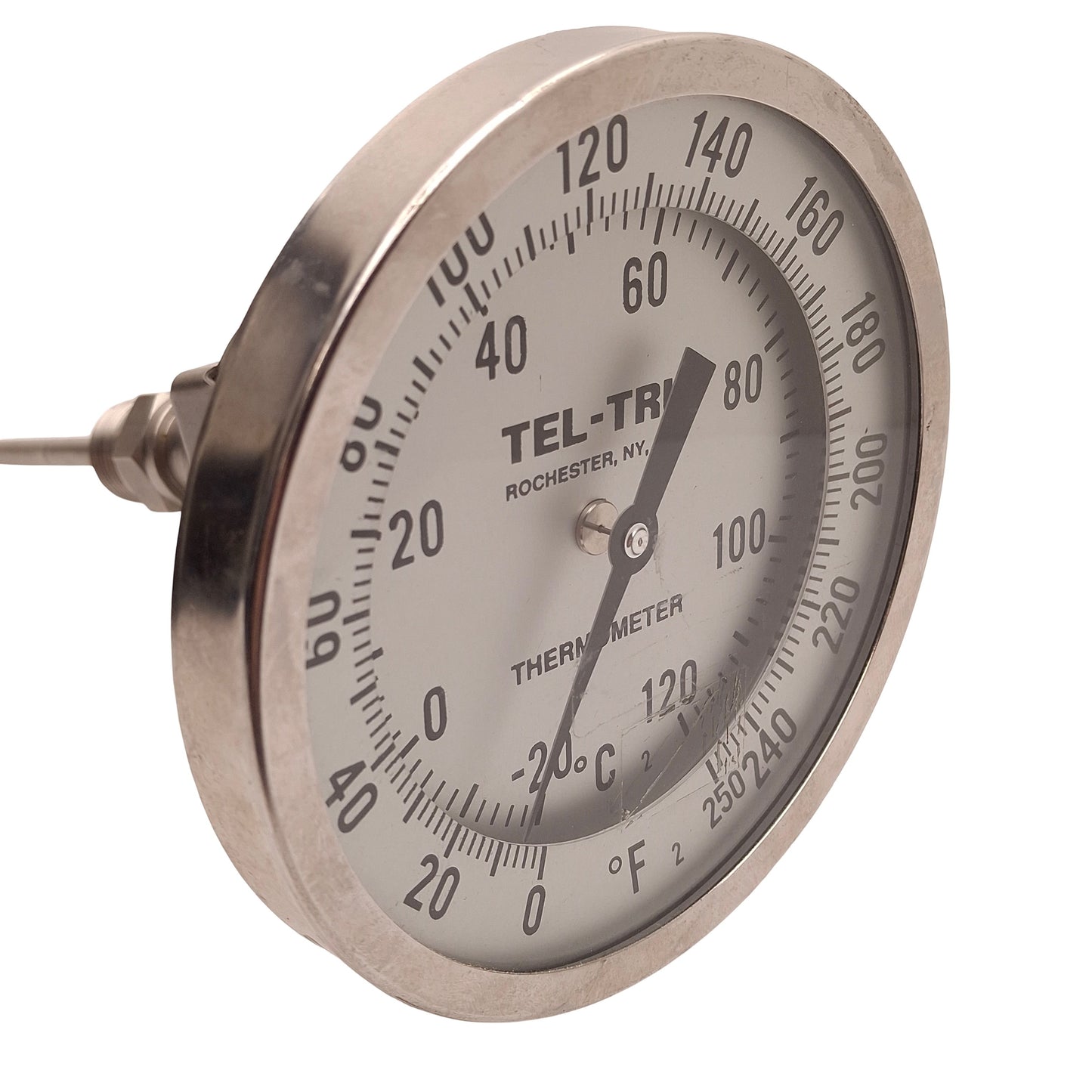 Used Tel-Tru Thermometer, 4.50in Dial, 0~250°F/-20~120°C Range, 1/2in NPT, 3in Stem