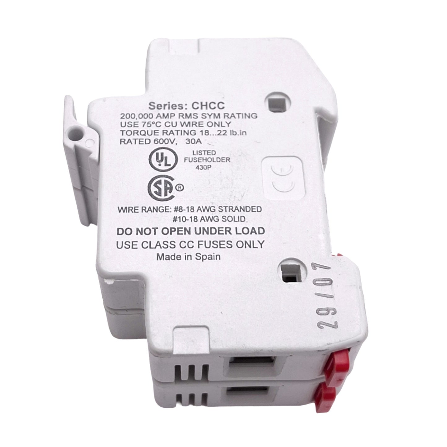 Used Eaton Bussmann CHCC2D Midget Fuse Holder, 2-Pole, Class CC, 600V 30A Max