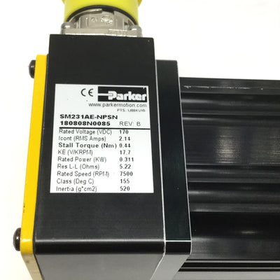 New – Open box Parker SM231AE-NPSN Brushless Servo Motor .311kW, 7500RPM, .44Nm, 170VDC, NEMA23