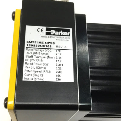 New – Open box Parker SM231AE-NPSB Brushless Servo Motor .311kW, 7500RPM, .44Nm, NEMA23 w/Brake