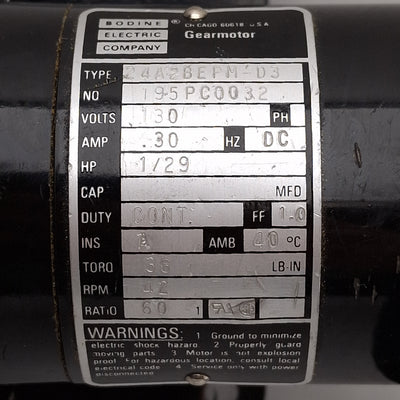 Used Bodine 24A2BEPM-D3 Gearmotor, 1/29HP, 36lb-in, 42rpm, 60:1, ø1/2in Shaft, 130VDC