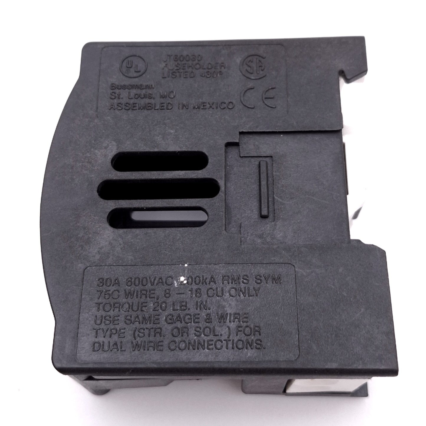 Used Eaton Bussmann JT60030 Fuse Holder, Class J 1-Pole, 30A 600VAC/DC Max, DIN Rail