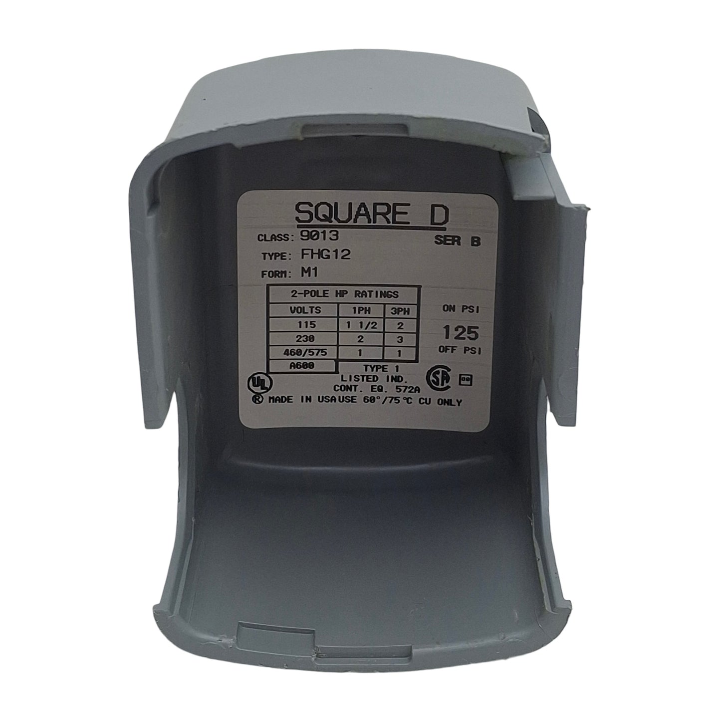 New – Open box Square D 9013FHG12J52X Pneumatic Switch, 2P 3PH, 1/4in NPSF, 125psi, 10A 575VAC