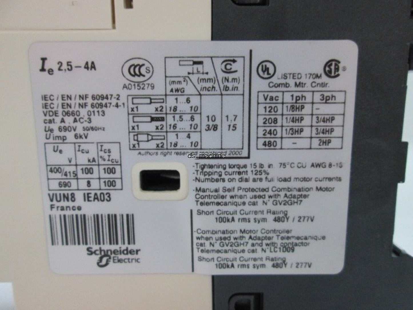 Used Telemecanique GV2-P08H7 Motor Starter Breaker 2.5 - 4A, GVAM11 Manual Controller