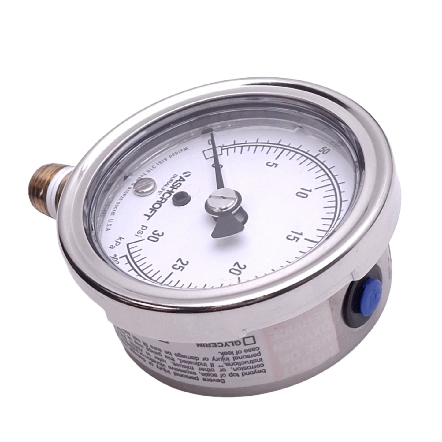 Used Ashcroft 251009AW02L30#/KP Pressure Gauge, 2-1/2in Face, 30psi/200kPa, 1/4in NPT