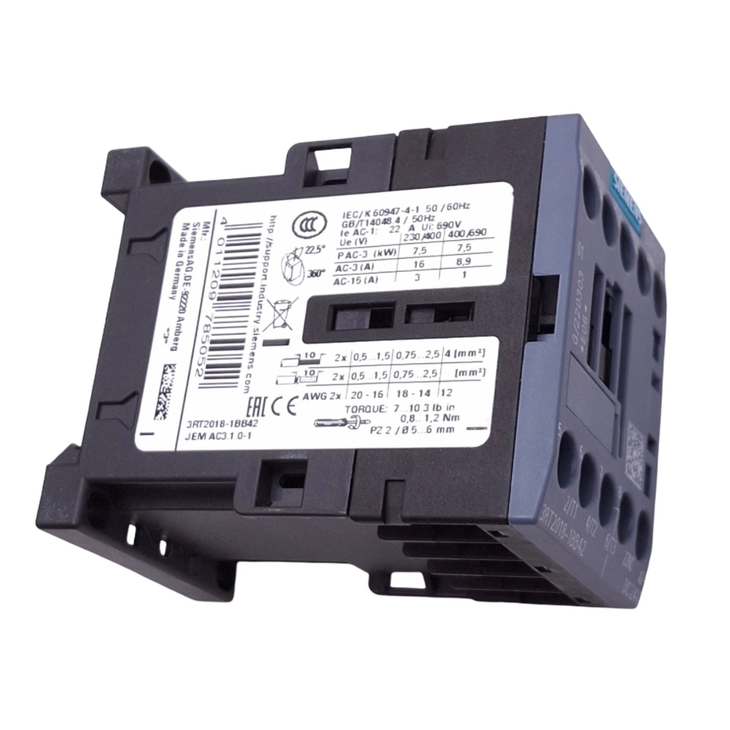 Used Siemens 3RT2018-1BB42 Contactor, 3-Pole + 1NC Aux, 460VAC 10hp Max, 24VDC Coil