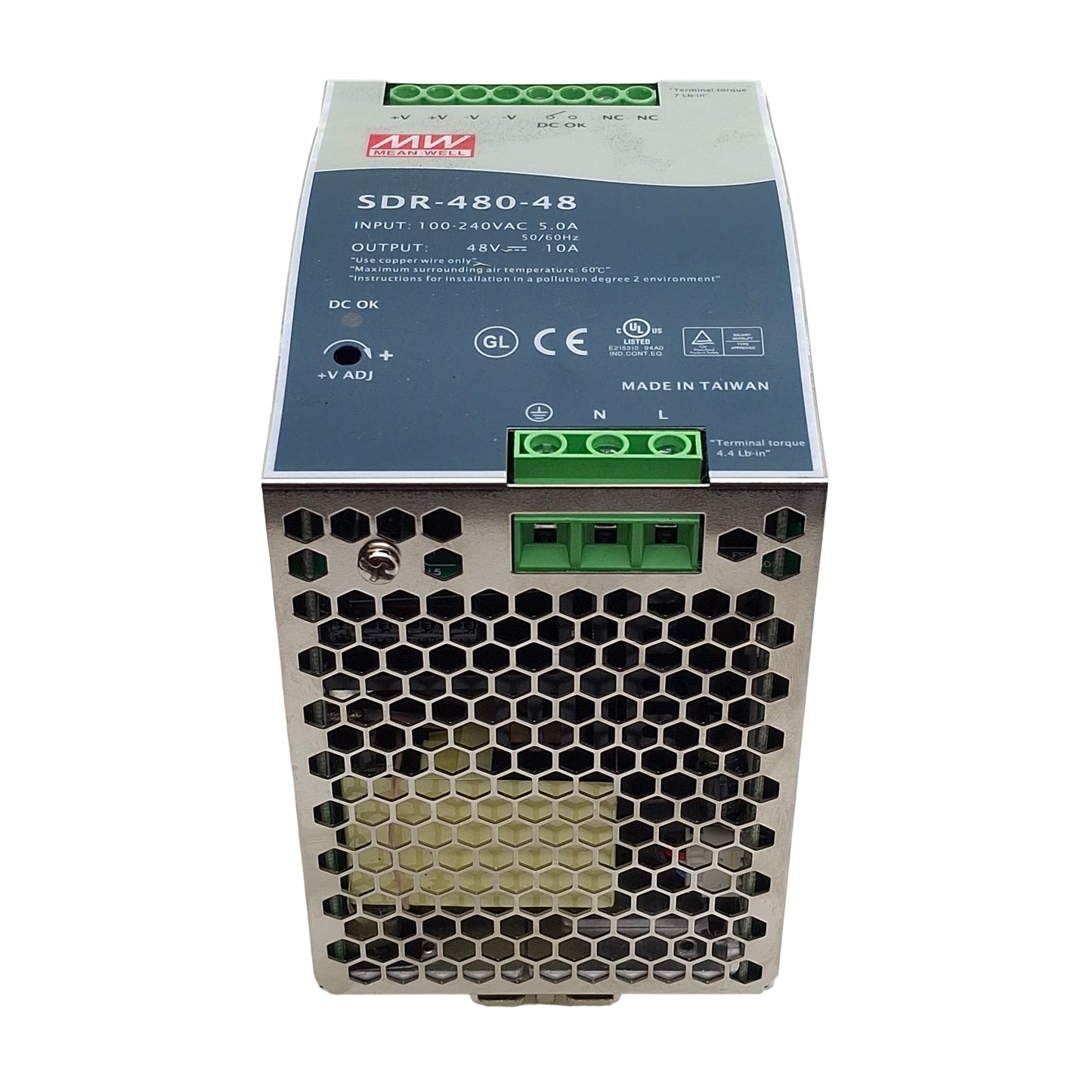 Used Mean Well SDR-480-48 Power Supply, 100-240VAC In, 10A 48VDC Out, DIN Rail